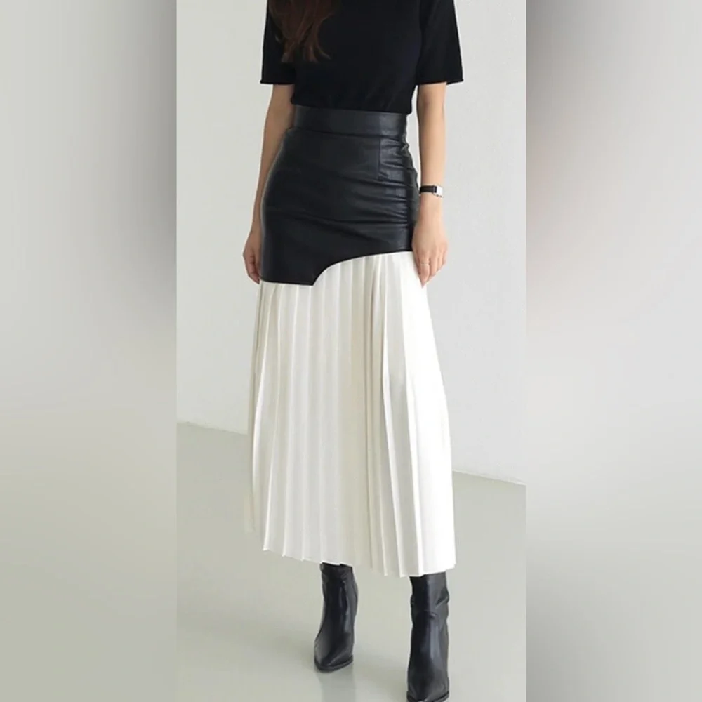 467. Commense Asymmetric Patchwork Faux Leather Chiffon Pleated Maxi Skirt M - Picture 1 of 10